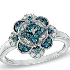 Blue and White Diamond Vintage-Style Clover Ring - Size 7